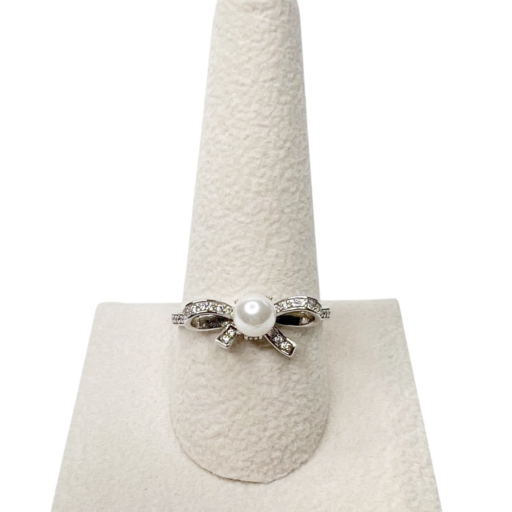Faux Pearl & Clear Round Glass Stone Delicate Bow Sterling Silver Ring